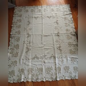 Vintage Hand Embroidered Tablecloth Heavy Fabric 47" By 62"